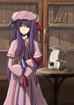  bad_id bad_pixiv_id book bookshelf cup holding kasa looking_at_viewer patchouli_knowledge sleeves_past_wrists smile solo touhou 