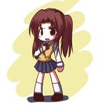  blue_skirt blush brown_hair chibi fictional_sister full_body kneehighs loafers long_hair long_sleeves looking_at_viewer red_eyes school_uniform shoes simple_background skirt solo standing sweater_vest tsukihime twintails vest white_legwear yellow_background yumizuka_satsuki 
