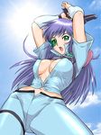  :o akai_koudan_zillion apple_(zillion) armor arms_up bangs belly_peek beltbra blue_hair breasts breasts_apart cloud covered_nipples cowboy_shot day from_below green_eyes gun handgun high_collar large_breasts long_hair looking_at_viewer midriff navel no_bra open_fly open_mouth outdoors pants pauldrons shiny shiny_clothes shirt short_sleeves shouting sky solo sun ueyama_michirou unzipped vambraces very_long_hair visor weapon wide_hips 