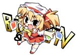  :d ascot blonde_hair chibi collar demon_wings dress flandre_scarlet frills hat herada_mitsuru kneehighs mob_cap one_side_up open_mouth outstretched_arms puffy_short_sleeves puffy_sleeves red_dress short_sleeves simple_background smile solo touhou white_background white_legwear wings 