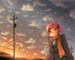  braid breath cloud coat hair_rings kayano_megumi lens_flare outdoors persona persona_trinity_soul pink_hair power_lines scarf scenery solo sunset telephone_pole transformer twin_braids yuki_usagi_(mofurafu) 