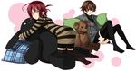  brown_hair copyright_request kgr multiple_girls pillow red_hair short_hair striped stuffed_animal stuffed_toy teddy_bear thighhighs yellow_eyes 