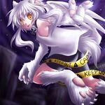  animal_ears caution_tape claws collar copyright_request flowwolf keep_out lowres solo white_hair wings yellow_eyes 
