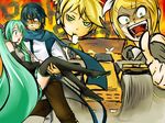  2girls banana brother_and_sister carrying crazy detached_sleeves food fruit green_hair hatsune_miku kagamine_len kagamine_rin kaito multiple_boys multiple_girls pointing princess_carry scarf siblings skirt steamroller sweatdrop thighhighs tonoto twins twintails vocaloid yandere 