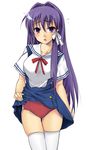  buruma clannad fujibayashi_kyou hikarizaka_private_high_school_uniform school_uniform skirt skirt_lift solo thighhighs waku 