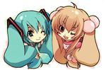  aqua_hair bad_id bad_pixiv_id blush crossover hair_bobbles hair_ornament hatsune_miku himukai_yuusuke kodomo_no_jikan kokonoe_rin long_hair look-alike lowres multiple_girls necktie one_eye_closed symmetry twintails vocaloid 