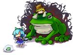  aura chibi cirno dark_aura frog frozen frozen_frog hat luft moriya_suwako multiple_girls riding touhou triangle_mouth |_| 