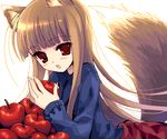  animal_ears apple chimaro food fruit holding holding_food holding_fruit holo long_hair solo spice_and_wolf tail wolf_ears 