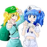  backpack bag blonde_hair blue_eyes blue_hair blue_sailor_collar cosplay costume_switch hair_bobbles hair_ornament hat kawashiro_nitori kawashiro_nitori_(cosplay) key kitashirakawa_chiyuri kitashirakawa_chiyuri_(cosplay) long_sleeves lowres midriff multiple_girls navel one_eye_closed sailor_collar short_hair short_sleeves shorts skirt touhou touhou_(pc-98) two_side_up yellow_eyes 