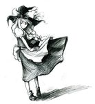  bad_id bad_pixiv_id bow clothes_tug greyscale hair_bow hat kasa kirisame_marisa looking_back monochrome smile solo touhou traditional_media wind witch_hat 