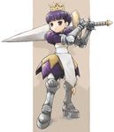  armor armored_dress boots brown_background crown full_body gradriel hat holding holding_sword holding_weapon knee_boots looking_away pota_(nabrinko) princess_crown purple_eyes purple_hair solo standing sword weapon 