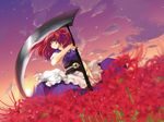  alternate_weapon ayase_hazuki blurry bow cloud depth_of_field dutch_angle evening field flower flower_field hair_bobbles hair_bow hair_ornament japanese_clothes long_hair looking_up onozuka_komachi red_eyes red_hair scythe short_sleeves sky solo spider_lily star_(sky) starry_sky touhou twilight two_side_up weapon wind 
