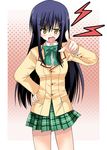  akane_souichi black_hair blush kotegawa_yui long_hair plaid plaid_skirt school_uniform skirt solo to_love-ru yellow_eyes 