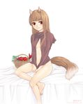  animal_ears apple barefoot bottomless brown_hair feet food fruit holo kanda_aya long_hair red_eyes solo spice_and_wolf tail wolf_ears 