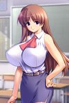  1girl bb blue_eyes bow breasts brown_hair brunette classroom double_bun fan formal gunner-l highres hips huge_breasts indoors jet_(angelravishment) large_breasts legs legs_crossed long_hair miniskirt no_bra oppai_baka pantyhose purple_eyes shino_sakura skirt skirt_suit solo stool suit teacher thighs tight_dress updo 