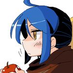  apple artist_request blue_hair blush copyright_request food frown fruit holding holding_food holding_fruit lowres oekaki solo yellow_eyes 