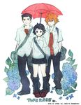  2boys bag bf._(sogogiching) black_hair flower hydrangea kneehighs konno_makoto mamiya_chiaki multiple_boys rain school_uniform shared_umbrella short_hair skirt socks toki_wo_kakeru_shoujo tsuda_kousuke umbrella 