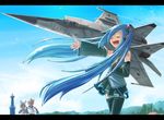  2girls aircraft airplane blue_hair brother_and_sister closed_eyes eyebrows_visible_through_hair fighter_jet hatsune_miku jet kagamine_len kagamine_rin mig-25 military military_vehicle multiple_girls nakune russia siblings solid_circle_eyes soviet thighhighs twins twintails vocaloid 
