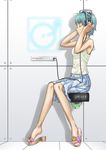  blue_hair closed_eyes feet hands_on_headphones headphones ifuji_shinsen no_socks original profile sandals shoe_dangle short_hair sitting skirt solo toes 