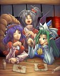  green_eyes green_hair hair_ornament hat koto_tsubane leaf_hair_ornament mima multiple_girls open_mouth purple_hair red_eyes rope shimenawa shinki smile touhou wizard_hat yasaka_kanako 