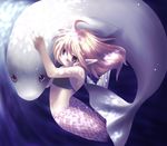  animal arched_back blonde_hair brown_eyes copyright_request flowwolf hug light_rays light_smile long_hair lowres mermaid midriff monster_girl pointy_ears scales seal solo sunbeam sunlight underwater water 
