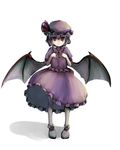  bat_wings bow full_body gatau hands_on_own_chest hat hat_bow looking_at_viewer pink_hair red_eyes remilia_scarlet shirt short_hair simple_background skirt skirt_set slippers smile solo standing straight_hair touhou white_background wings 