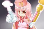  benesse brown_eyes cape cool_your_head fang_out hat hatena_yousei long_hair lyrical_nanoha mahou_shoujo_lyrical_nanoha_strikers orange_eyes parody pink_cape pink_hair pink_hat pointing solo staff tadokoro_teppei 