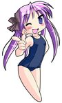  barefoot blush hiiragi_kagami long_hair lucky_star neopure one-piece_swimsuit purple_hair school_swimsuit solo swimsuit 