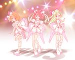 blonde_hair busou_shinki chibisuke_machine doll_joints idol multiple_girls pink_hair pose red_hair schmetterling skirt stage_lights wings 