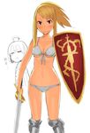  1girl agrias_oaks armor bikini blonde_hair blue_eyes blush boots final_fantasy final_fantasy_tactics lowleg lowleg_bikini paladin_(sekaiju) parody ramza_beoulve sekaiju_no_meikyuu shield swimsuit sword weapon yu_65026 