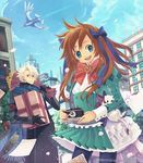  1girl :d aircraft airplane animal apupu artist_name bad_id bad_pixiv_id black_gloves black_legwear blue_eyes blue_scarf bouquet bow bowtie box brooch brown_hair building camera city cloud copyright_request day fantasy flower frills gift gift_box gloves hair_ribbon holding holding_camera holding_gift jewelry juliet_sleeves long_hair long_sleeves looking_at_viewer open_mouth outdoors pantyhose petals puffy_sleeves red_eyes ribbon scarf sky smile watermark web_address white_hair 