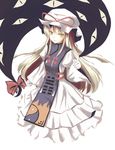  blonde_hair bow clenched_hand dress eyes gap hair_bow hat hat_ribbon index_finger_raised long_dress long_hair lying mob_cap puffy_sleeves red_bow red_ribbon ribbon solo tabard touhou white_background white_dress white_hat yakumo_yukari yellow_eyes yoshika_(music480069) 