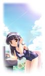  bekkankou black_hair cloud copyright_request day drinking_fountain fountain hairband highres long_hair one-piece_swimsuit red_eyes school_swimsuit sky solo swimsuit 