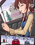  between_breasts breasts car car_interior copyright_request driving eighth_note ground_vehicle lowres motor_vehicle music musical_note oekaki okusann quarter_note seatbelt singing solo speech_bubble spoken_musical_note steering_wheel strap_cleavage takayaki 