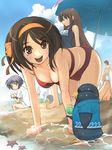  all_fours asahina_mikuru barefoot bikini bird day hirokiku multiple_girls nagato_yuki one-piece_swimsuit penguin school_swimsuit suzumiya_haruhi suzumiya_haruhi_no_yuuutsu swimsuit 