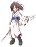  artist_request chibi japanese_clothes kara_no_kyoukai katana kimono knife lowres reverse_grip ryougi_shiki solo sword weapon 