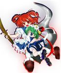  :d aoi_mitsuru blue_dress blue_eyes breasts dress green_hair hat huge_breasts looking_at_viewer mob_cap multiple_girls non-web_source onozuka_komachi open_mouth polearm red_eyes red_hair scythe shiki_eiki simple_background smile touhou two_side_up weapon white_background 