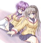  blue_eyes clannad fujibayashi_kyou hairband hiiragi_tomoka hikarizaka_private_high_school_uniform long_hair multiple_girls purple_eyes purple_hair sakagami_tomoyo school_uniform silver_hair thighhighs 