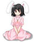  animal_ears blush bunny_ears carrot_necklace dress full_body inaba_tewi iseki_mitsuharu looking_at_viewer pink_dress puffy_short_sleeves puffy_sleeves short_sleeves simple_background sitting solo touhou wariza white_background 