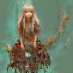  blonde_hair flower lips lo_(artist) long_hair original purple_eyes red_eyes solo surreal torn_clothes 