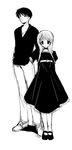  1girl collarbone dress full_body greyscale hands_in_pockets height_difference himajin_(artist) looking_at_viewer mary_janes monochrome original shirt shoes simple_background standing t-shirt white_background 