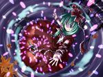  aqua_eyes aqua_hair arm_ribbon bare_tree danmaku dress fingernails front_ponytail hair_ribbon kagiyama_hina leaf nail_polish outstretched_arms outstretched_hand red_dress ribbon solo spread_arms toshihiro touhou tree 