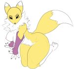  2019 canid canine danonymous digimon digimon_(species) female fur kneeling mammal nipples nude renamon simple_background solo thick_thighs white_background yellow_fur 