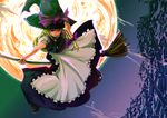  apron black_dress blonde_hair broom broom_riding brown_eyes closed_mouth dress full_body full_moon hat kirisame_marisa looking_at_viewer luft moon night outdoors puffy_short_sleeves puffy_sleeves short_sleeves smirk solo touhou waist_apron witch_hat 