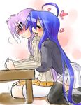  blush heart hiiragi_kagami hug izumi_konata kneeling kogaku_kazuya lucky_star multiple_girls non-web_source purple_hair thighhighs yuri zettai_ryouiki 