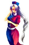  artist_request braid cross cross_print hand_in_hair hand_up long_hair puffy_short_sleeves puffy_sleeves red_eyes short_sleeves simple_background single_braid solo sress standing touhou very_long_hair white_background yagokoro_eirin 