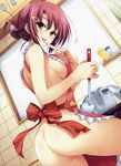  absurdres apron ass braid cooking copyright_request hair_ornament hairpin highres kitchen ladle naked_apron purple_hair short_hair solo tomose_shunsaku 