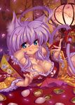  :q alcohol animal_ears blue_eyes blush breasts cat_ears cherry_blossoms cleavage copyright_request japanese_clothes kimono kink large_breasts licking long_hair purple_hair sake shell solo tail tongue tongue_out 