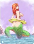  2017 big_breasts breasts butt clothing female freckles hair lamia long_hair looking_at_viewer materclaws outside reptile scalie sea snake solo swim_ring swimsuit water 