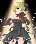  bare_shoulders beamed_eighth_notes blonde_hair choker coco_(artist) detached_sleeves dress formal instrument lunasa_prismriver music musical_note quarter_note ribbon short_hair solo spotlight touhou violin yellow_eyes 